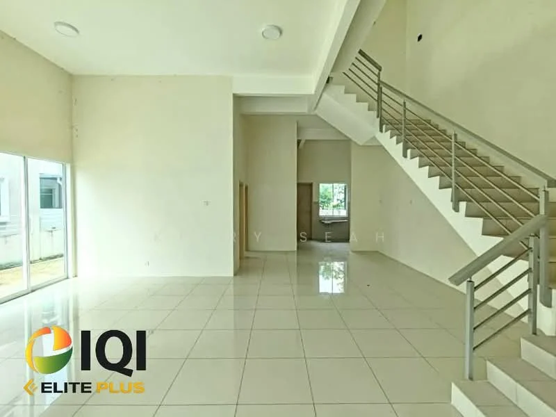 Room features: white painted walls, glossy tile flooring, staircase with metal railing, large windows, high ceiling, natural light, open space, neutral color palette; style: modern; view: garden.