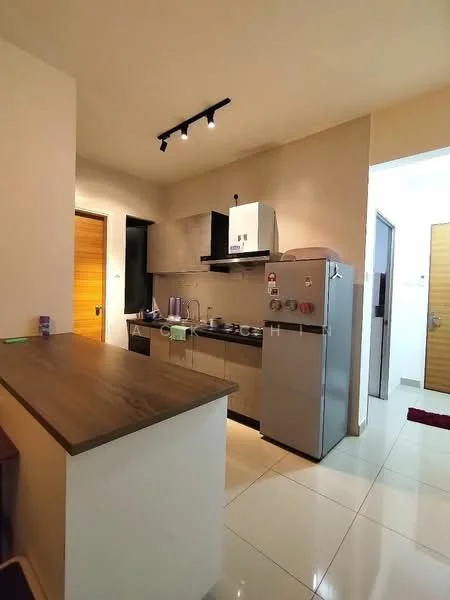 Kitchen features: L-shaped kitchen layout, grey cabinetry, wooden countertop, stainless-steel fridge, built-in stove, exhaust hood, sink, tile flooring, recessed lighting, wall-mounted storage, open shelving; style: modern.