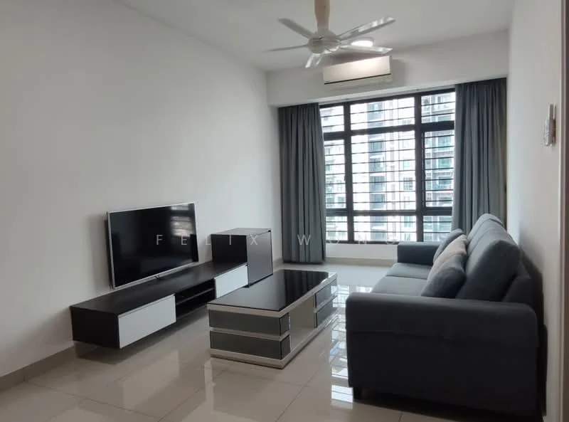 Living features: 3-seater fabric sofa in grey, coffee table with glass top and silver accents, wall-mounted TV, TV console in black and white, floor-to-ceiling windows, grey curtains, recessed downlights, polished ceramic tile flooring, ceiling fan with light; style: modern; view: city.