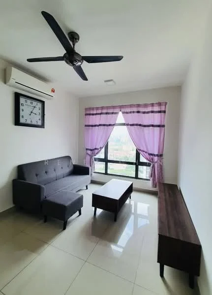 Living features: grey fabric sofa, wooden coffee table, wooden TV console, floor-to-ceiling windows, sheer curtains with blackout lining, wall-mounted clock, 1 wall-mounted split AC, glossy tile flooring, ceiling fan with light; style: modern; view: city.