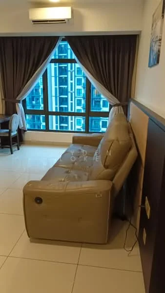 Living features: 3-seater leather sofa in beige, floor-to-ceiling windows, curtains in brown, white painted walls, tile flooring, wall-mounted air conditioning unit, decorative wall paneling, dining area visible in background; style: modern; view: city.