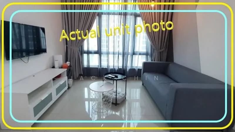 Living features: grey fabric sofa, white TV console, wall-mounted TV, round coffee table, large floor-to-ceiling windows, sheer curtains, grey curtains, glossy tile flooring, decorative wall art; style: modern; view: city.
