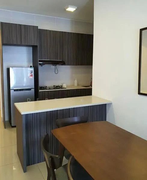 Kitchen features: dark wood cabinetry, white countertop, stainless-steel fridge, built-in gas hob, exhaust hood, white tiled backsplash, ceramic tile flooring, recessed ceiling lights, dining table, wooden dining chairs; style: modern.