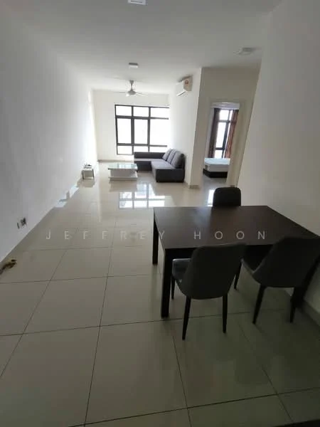 Living features: grey fabric sofa, white coffee table, 4-seater dining table, 4 grey upholstered dining chairs, ceiling fan, large windows with grid pattern, white walls, glossy tile flooring, natural light from windows; style: modern.