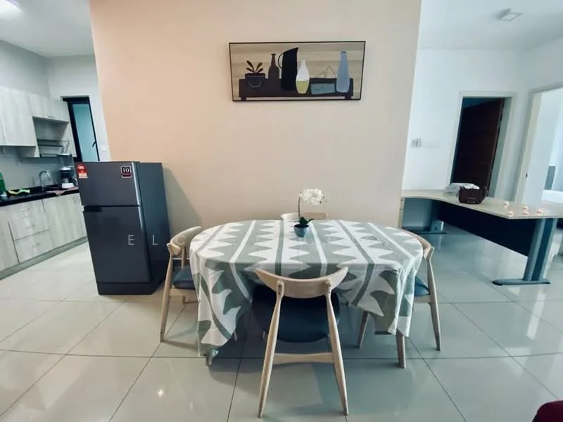 Dining features: round dining table, upholstered dining chairs, tablecloth with geometric pattern, framed artwork on wall, ceramic vase with flower, white walls, tile flooring, refrigerator in stainless steel, kitchen cabinetry visible in background; style: modern.