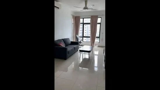 Living features: 3-seater fabric sofa in grey, coffee table, floor-to-ceiling windows, sheer curtains, wall-mounted split AC, ceiling fan, glossy tile flooring, neutral painted walls; style: modern; view: city.