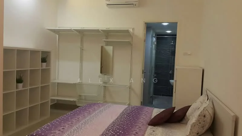 Bedroom features: queen-size bed with purple and white bedding, upholstered headboard, 2 bedside pillows, built-in wardrobe with open shelving, full-length mirror, air conditioning unit, light-colored walls, tile flooring, doorway leading to bathroom, decorative plants on shelves; style: modern.
