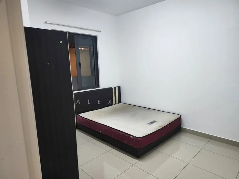Bedroom features: white painted walls, tile flooring, single bed frame, mattress on bed frame, window with black frame, curtains, built-in wardrobe, minimalist decor; style: modern.