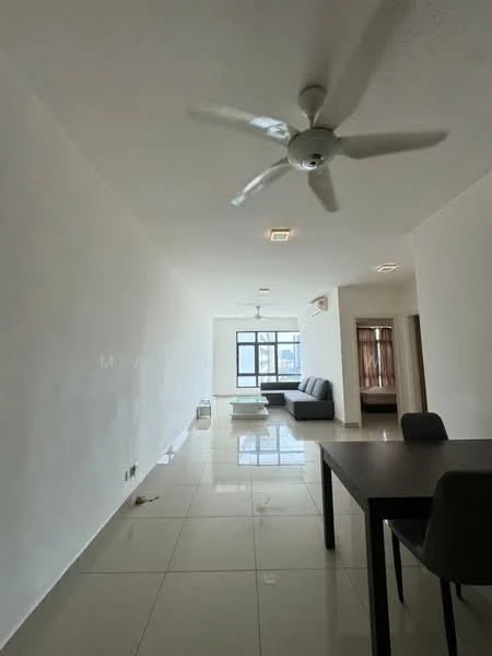 Living features: white painted walls, glossy tile flooring, 5-blade ceiling fan with light, floor-to-ceiling windows, sofa in grey, coffee table, dining table, 4 dining chairs, natural light from windows; style: modern; view: city.