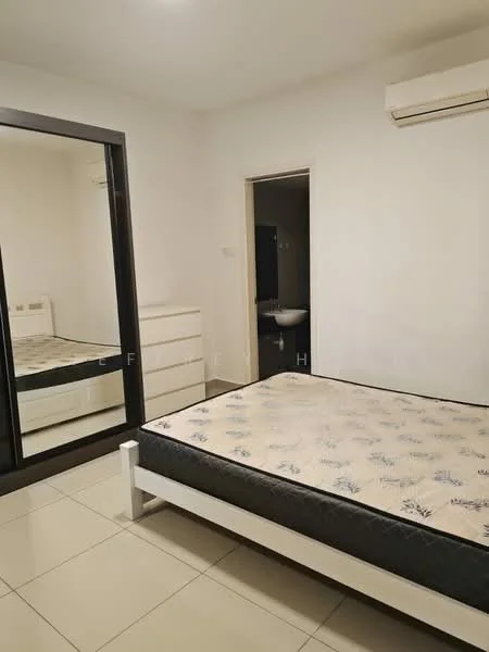 Bedroom features: queen-size bed, upholstered headboard, mirror wardrobe, white dresser, wall-mounted split AC, cream painted walls, tile flooring, neutral bedding, floor-to-ceiling mirror; style: modern.