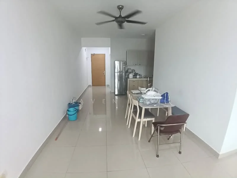 Dining features: white painted walls, glossy tile flooring, 5-blade ceiling fan, dining table with 4 chairs, stainless-steel fridge, kitchen cabinetry, kitchen countertop, open layout; style: modern. Room features: white painted walls, glossy tile flooring, doorway leading to hallway.