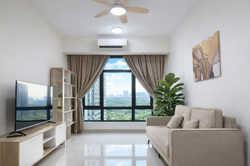 Living features: light grey fabric sofa, wooden coffee table, wall-mounted TV, open shelving unit, floor-to-ceiling windows, sheer curtains, recessed downlights, 5-blade ceiling fan, air conditioning unit, decorative wall art, indoor plant, glossy tile flooring, white painted walls; style: modern; view: city.