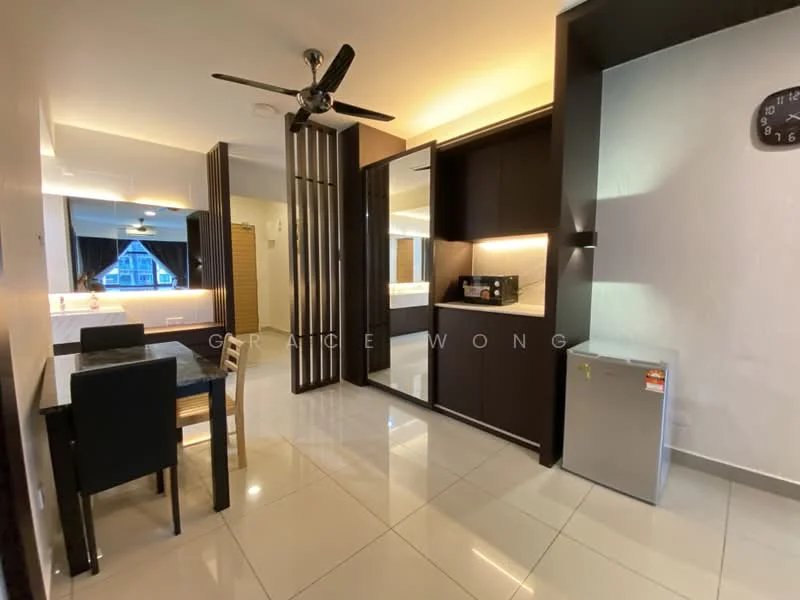 Living features: white painted walls, glossy tile flooring, 5-blade ceiling fan with light, dining table for four, black upholstered dining chairs, built-in cabinetry, refrigerator, wall clock, open layout, kitchenette area, window with curtain, ambient lighting; style: modern.