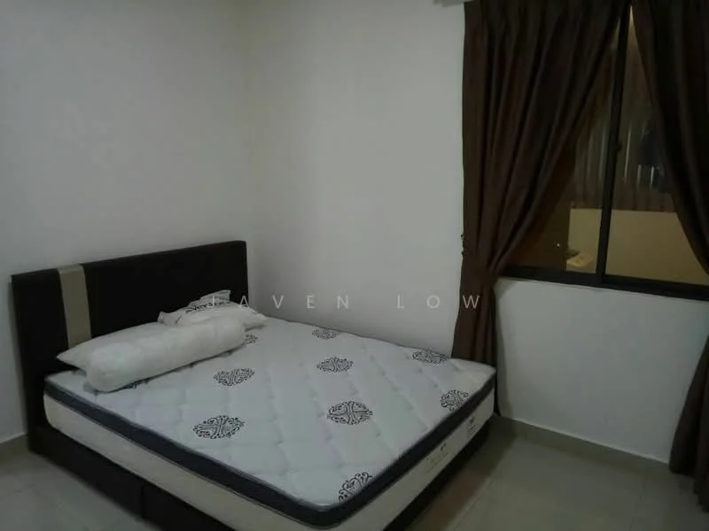 Bedroom features: queen-size bed, upholstered headboard, white walls, brown curtains, floor-to-ceiling window, tile flooring, decorative pillow, mattress without beddings.