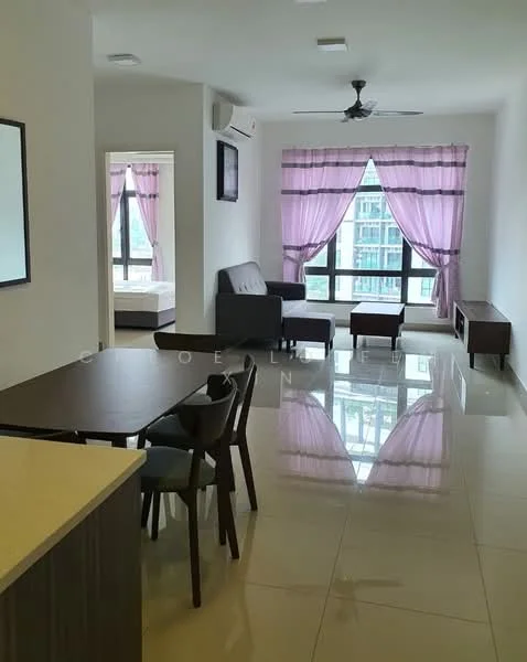 Living features: grey fabric sofa, coffee table, wall-mounted TV, 5-blade ceiling fan, floor-to-ceiling windows, sheer pink curtains, polished tile flooring, decorative wall mirror; style: modern; view: city. Dining features: 4-seater dining table, wooden dining chairs, open layout to living area; style: modern. Bedroom features: queen-size bed, window with sheer curtains, access to bathroom, unknown furniture.