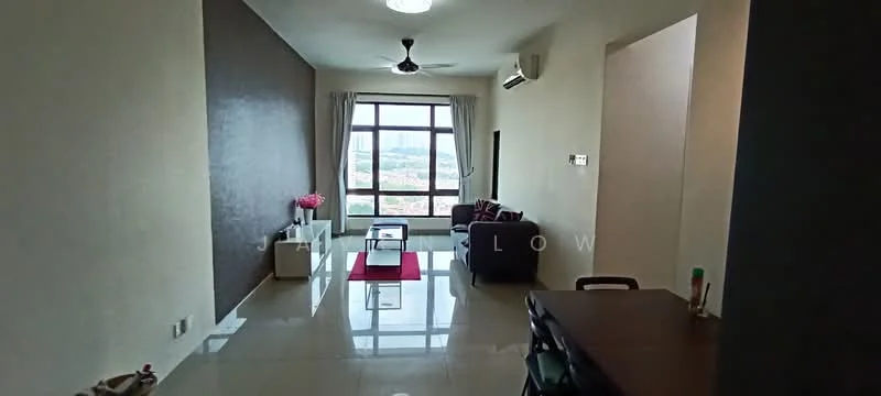 Living features: grey accent wall, white painted walls, polished tile flooring, 5-blade ceiling fan with light, floor-to-ceiling windows, curtains, sofa in dark grey, coffee table, TV console, area rug, decorative plants; style: modern; view: city. Dining features: dining table, chairs; style: modern.
