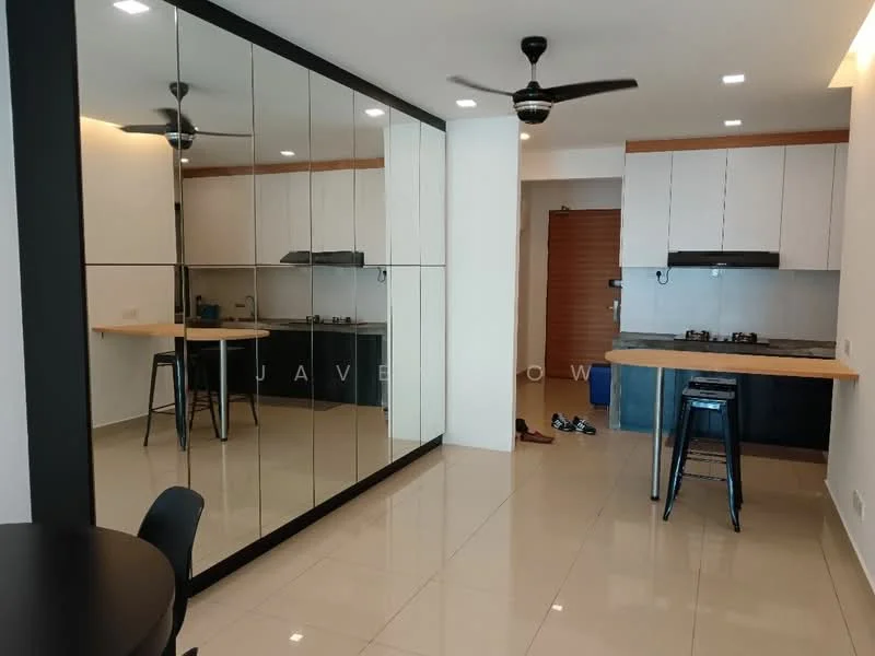 Kitchen features: white cabinetry, black countertop, stainless-steel sink, chrome pull-down faucet, built-in gas hob, built-in oven, mirror wall, recessed downlights, wall-mounted split AC, ceramic tile flooring, open layout, bar stool, kitchen island; style: modern.