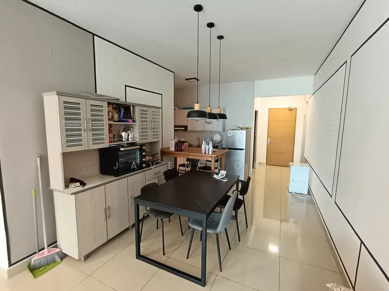Kitchen features: white cabinets with glass fronts, wooden countertop, stainless-steel appliances, built-in oven, 4-burner gas hob, kitchen island, black pendant lights, dining table with 6 grey upholstered chairs, cream tiled flooring, white walls with black trim, open shelving, refrigerator, sink, dishwasher; style: modern.