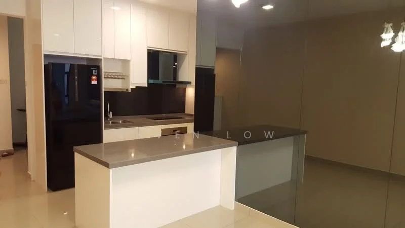 Kitchen features: white shaker cabinets, grey countertop, stainless-steel sink, chrome pull-down faucet, built-in oven, black backsplash, refrigerator, pendant lighting, open layout, tile flooring, mirror wall; style: modern.