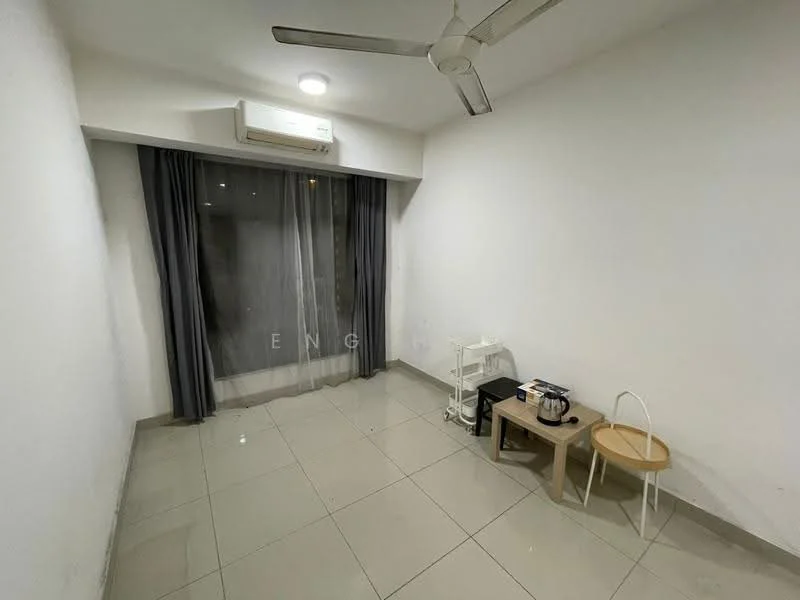 Room features: white painted walls, grey tiled flooring, ceiling fan, wall-mounted air conditioning unit, floor-to-ceiling windows with sheer curtains, curtains, small round table, single chair; style: modern.