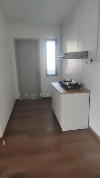 Room features: white painted walls, wood laminate flooring, single window, kitchen countertop, kitchen cabinet, exhaust hood, light fixture, door, minimalist design; style: modern.
