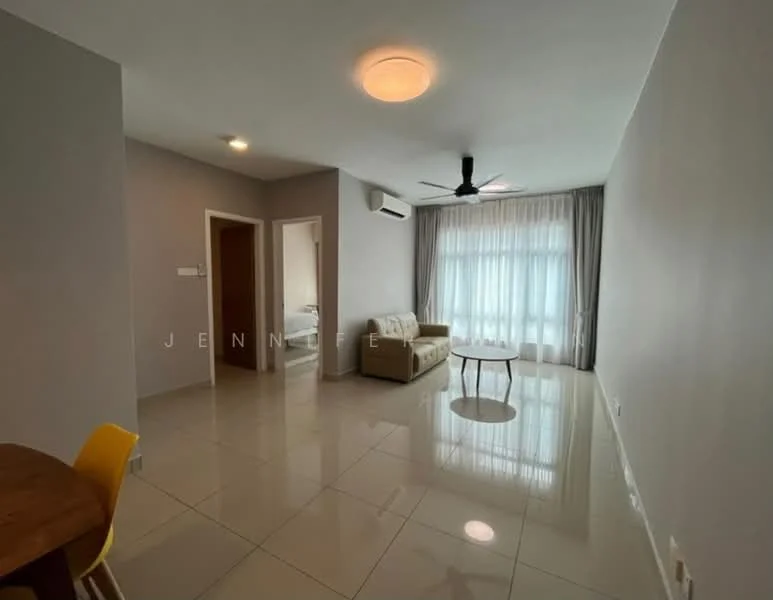 Living features: cream painted walls, glossy tile flooring, 5-blade ceiling fan with light, recessed downlights, large floor-to-ceiling windows with sheer curtains, light grey sofa, round coffee table, dining table with chairs in the background, air conditioning unit on wall; style: modern.