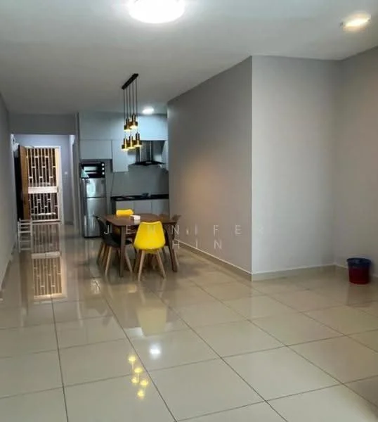 Dining features: dining table with yellow chair, 4 dining chairs, pendant lighting above table, white walls, glossy tile flooring, open layout, kitchen visible in background, refrigerator visible in background; style: modern. Hallway features: white walls, glossy tile flooring, doorway leading to kitchen, doorway leading to other rooms.