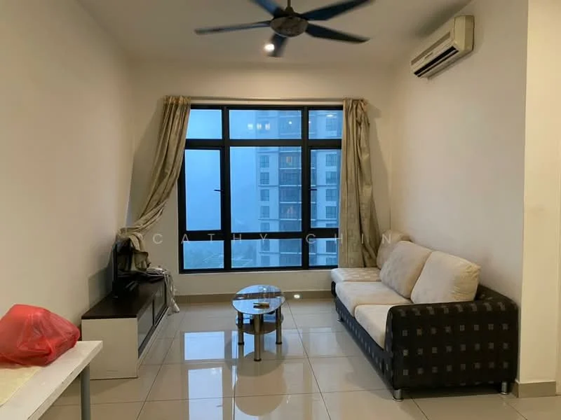 Living features: 3-seater fabric sofa in cream, glass coffee table, wall-mounted TV console, floor-to-ceiling windows, sheer curtains, 1 wall-mounted split AC, polished ceramic tile flooring, light grey painted walls, ceiling fan with light; style: modern; view: city.