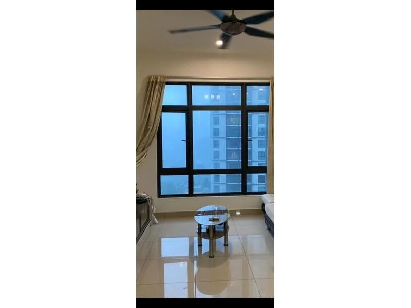 Living features: floor-to-ceiling windows, sheer curtains, 3-blade ceiling fan, coffee table, tile flooring, neutral wall colour, decorative wall, view of adjacent building; style: modern; view: city.