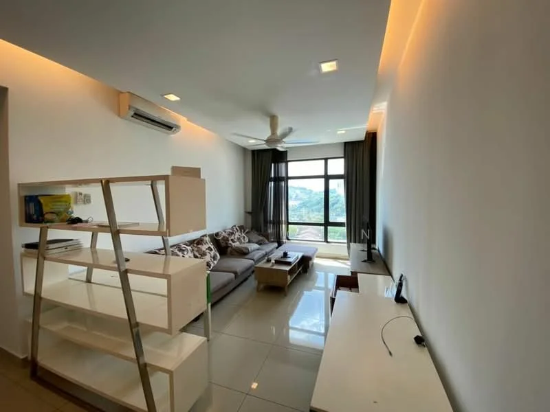 Living features: grey fabric sectional sofa, coffee table, TV console, wall-mounted TV, floor-to-ceiling windows, curtains, 5-blade ceiling fan, recessed downlights, white painted walls, glossy tile flooring, open shelving unit; style: modern; view: city.