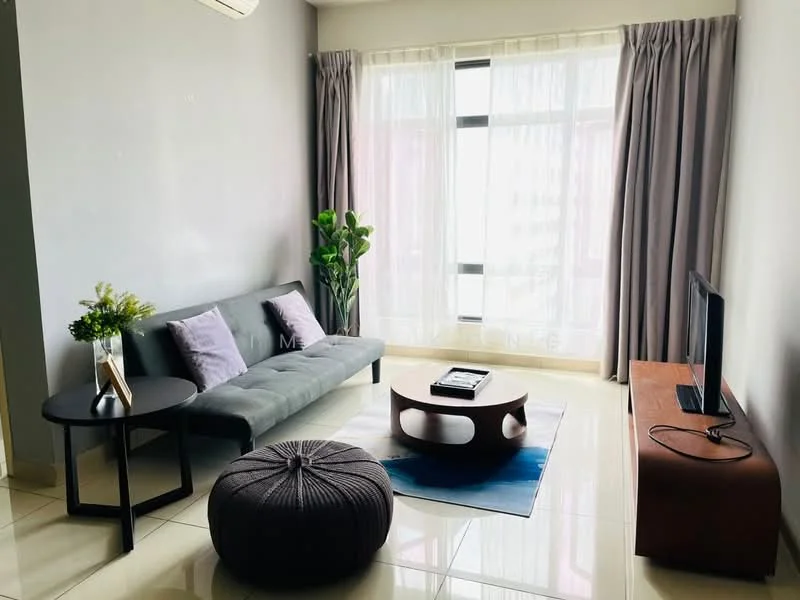 Living features: grey fabric sofa, round coffee table, TV console, wall-mounted TV, decorative plant, area rug with abstract pattern, floor-to-ceiling windows, sheer curtains, light-colored walls, polished tile flooring, decorative pouf; style: modern; view: city.