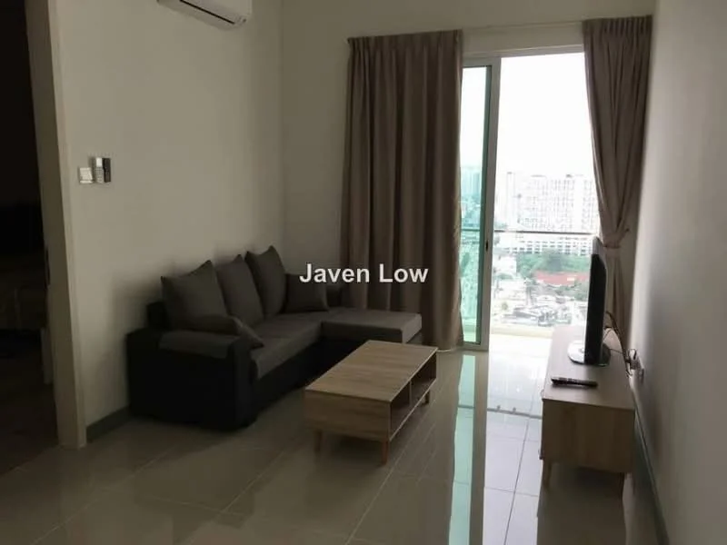 Living features: 3-seater fabric sofa in grey, wood coffee table, floor-to-ceiling windows, curtains, wall-mounted TV, air conditioning unit, light-colored walls, glossy tile flooring; style: modern; view: city.
