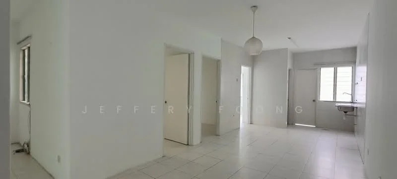 Room features: white painted walls, tile flooring, single pendant light, window with natural light, doorway leading to another room, kitchen area with sink, open layout, neutral color scheme; style: minimalist.