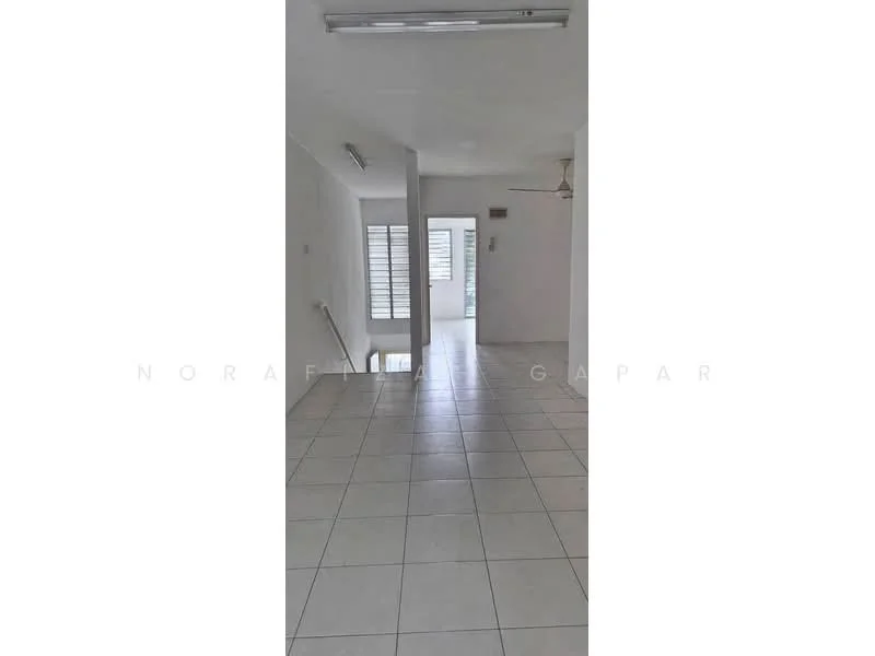 Room features: white painted walls, tiled flooring, ceiling fan, sliding glass door, window with horizontal slats, recessed lighting, open layout, natural light; style: modern; view: garden.