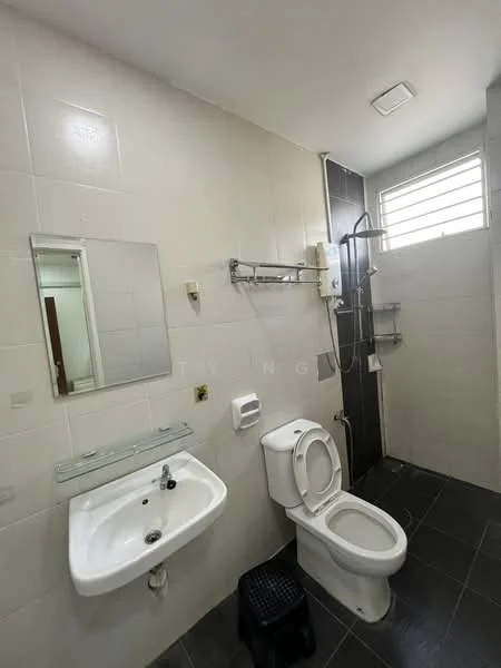 Bathroom features: white tiled walls, black tiled flooring, single-sink vanity with mirror, chrome basin mixer faucet, one-piece toilet, walk-in shower with glass enclosure, shower head, wall-mounted soap dispenser, towel rail, window for natural light; style: modern.