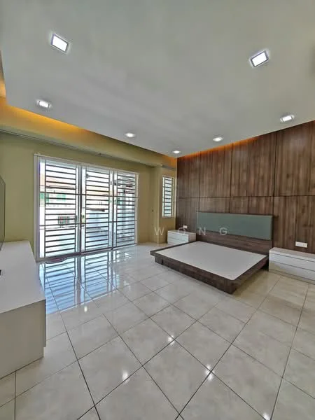Bedroom features: white painted walls, wood accent wall, glossy tile flooring, recessed downlights, floor-to-ceiling windows, sliding window treatments, queen-size bed frame, two bedside tables, built-in wardrobe, minimalist decor; style: modern.