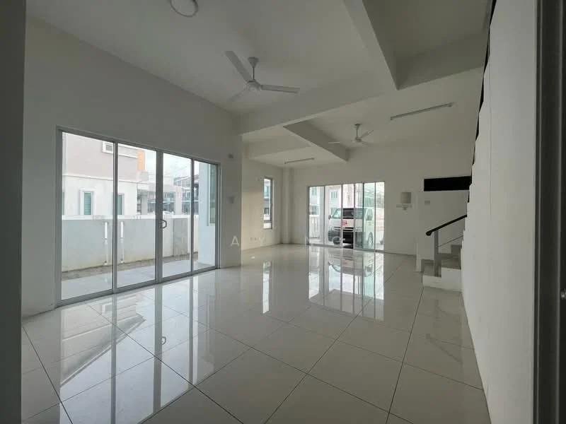 Living features: white painted walls, polished ceramic tile flooring, tray ceiling, 2 ceiling fans, floor-to-ceiling sliding glass doors, natural light from windows, open layout, staircase leading to upper level; style: modern; view: garden.