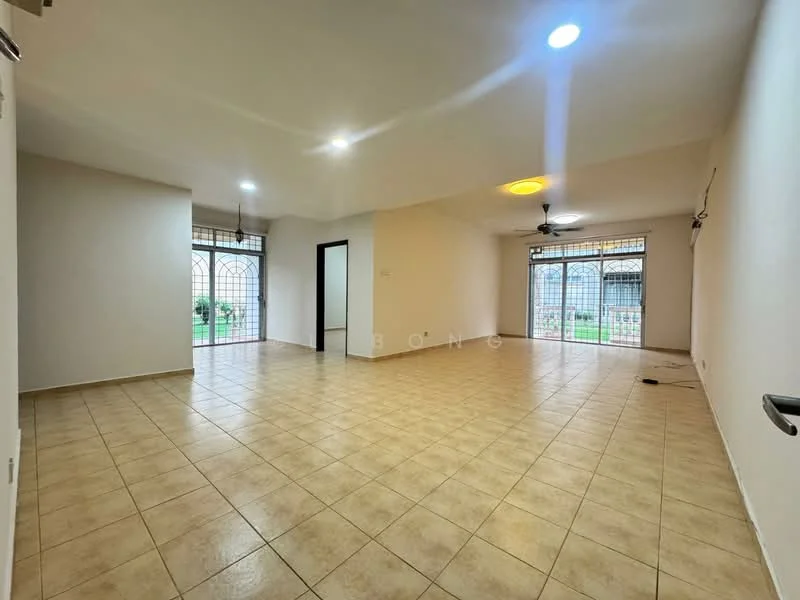 Living features: cream tiled flooring, white painted walls, recessed downlights, ceiling fan, large windows with decorative grills, door leading to outdoor area, open layout, natural light from windows; style: modern; view: garden.