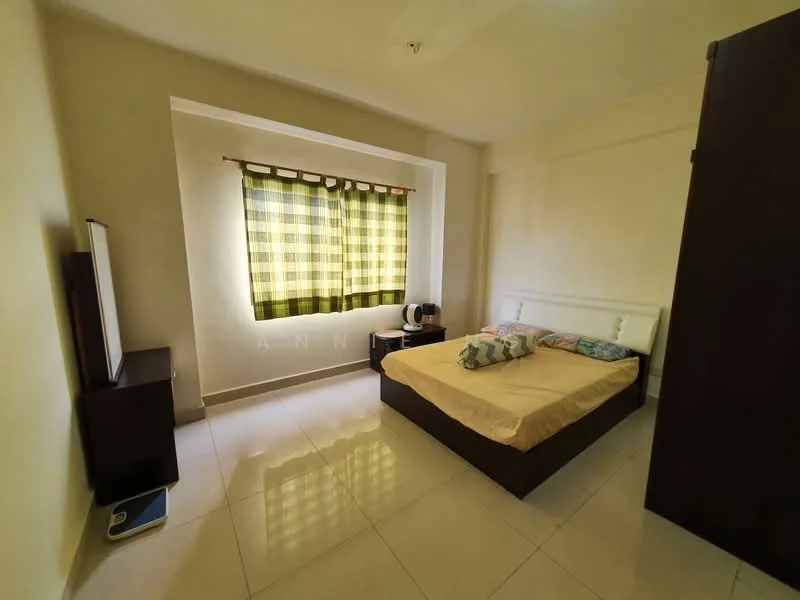 Bedroom features: queen-size bed, white bed frame, two decorative pillows, cream bedding, green and yellow checkered curtains, floor-to-ceiling window, white walls, glossy tile flooring, TV console, wall-mounted TV, dark wood wardrobe; style: modern.