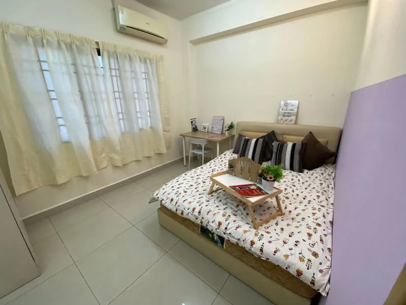 Bedroom features: queen-size bed with patterned bedding, bedside table, decorative pillows, wall-mounted air conditioning unit, floor-to-ceiling window with sheer curtains, light-colored walls, tile flooring, small plant on bedside table, framed artwork on wall; style: modern.