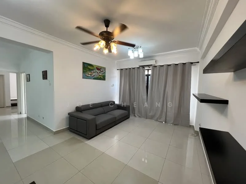 Living features: grey fabric sofa, 5-blade ceiling fan with light, white painted walls, cream tiled flooring, curtains in grey, wall-mounted shelves, decorative artwork, recessed lighting; style: modern.