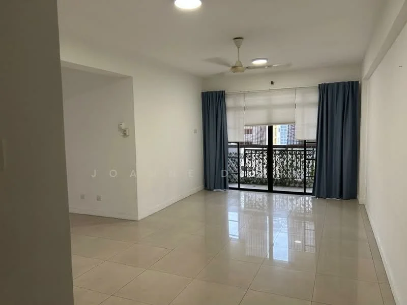 Living features: white painted walls, glossy ceramic tile flooring, 5-blade ceiling fan with light, floor-to-ceiling windows, sliding glass door, blue curtains, balcony view, recessed downlights; style: modern; view: city.