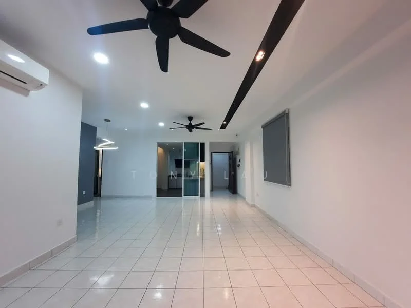 Living features: white painted walls, glossy tile flooring, 5-blade ceiling fan with light, recessed LED downlights, track lighting, sliding glass door, large windows, open layout; style: modern.