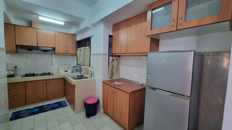Kitchen features: wood cabinetry, cream countertops, stainless-steel fridge, built-in gas stove, exhaust hood, double-bowl sink, tile backsplash, ceramic tile flooring, window with curtains, kitchen island, blue area rug, pink trash bin; style: modern.