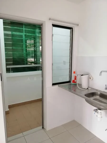 Kitchen features: stainless-steel sink, chrome faucet, white tiled walls, light-colored floor tiles, window with green view, sliding glass door, countertop, cleaning supplies visible; view: garden.