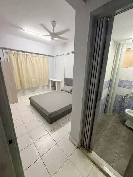 Bedroom features: queen-size bed with grey bedding, light-colored walls, ceiling fan, curtains, tile flooring, nightstand, built-in wardrobe, wall-mounted light fixture; style: modern. Bathroom features: one-piece toilet, sink with faucet, shower area with glass partition, blue and white tile cladding, tile flooring; style: modern.