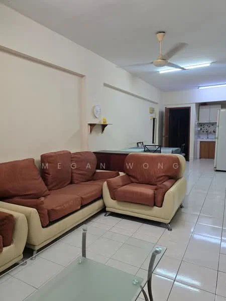 Living features: L-shape sectional sofa in brown and cream, glass coffee table, white painted walls, tile flooring, ceiling fan, open layout to kitchen, dining area visible in background, shelving unit on wall; style: modern.