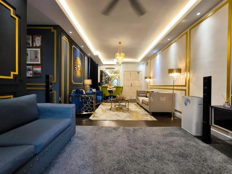 Living features: blue fabric sofa with studded detailing, cream leather sofa, area rug with geometric pattern, gold accent wall with decorative molding, dark wood flooring, chandelier with multiple bulbs, recessed LED downlights, wall-mounted TV, decorative wall art, glass coffee table, green dining set with chairs, air purifier, large mirror reflecting light; style: modern.
