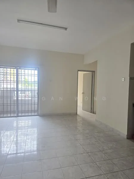 Room features: white painted walls, ceramic tile flooring, ceiling fan, sliding glass door, window with security bars, doorway leading to another room, natural light from window, neutral color scheme; style: modern; view: city.