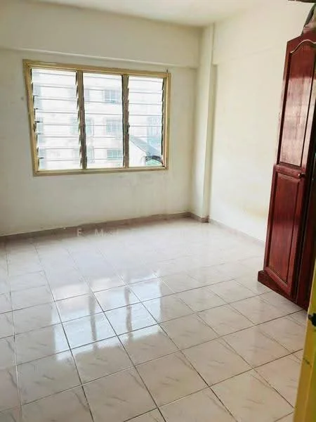 Room features: white painted walls, glazed ceramic tile flooring, large window with horizontal slats, wooden wardrobe, natural light from window.